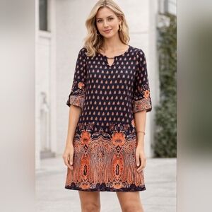 #1254 Indulge By Gogo Apparel Navy & Coral With Gold Bar Sheath sz M